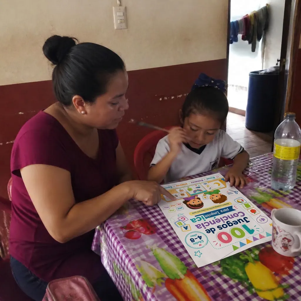 Niña practicando conciencia fonológica en casa con su mamá